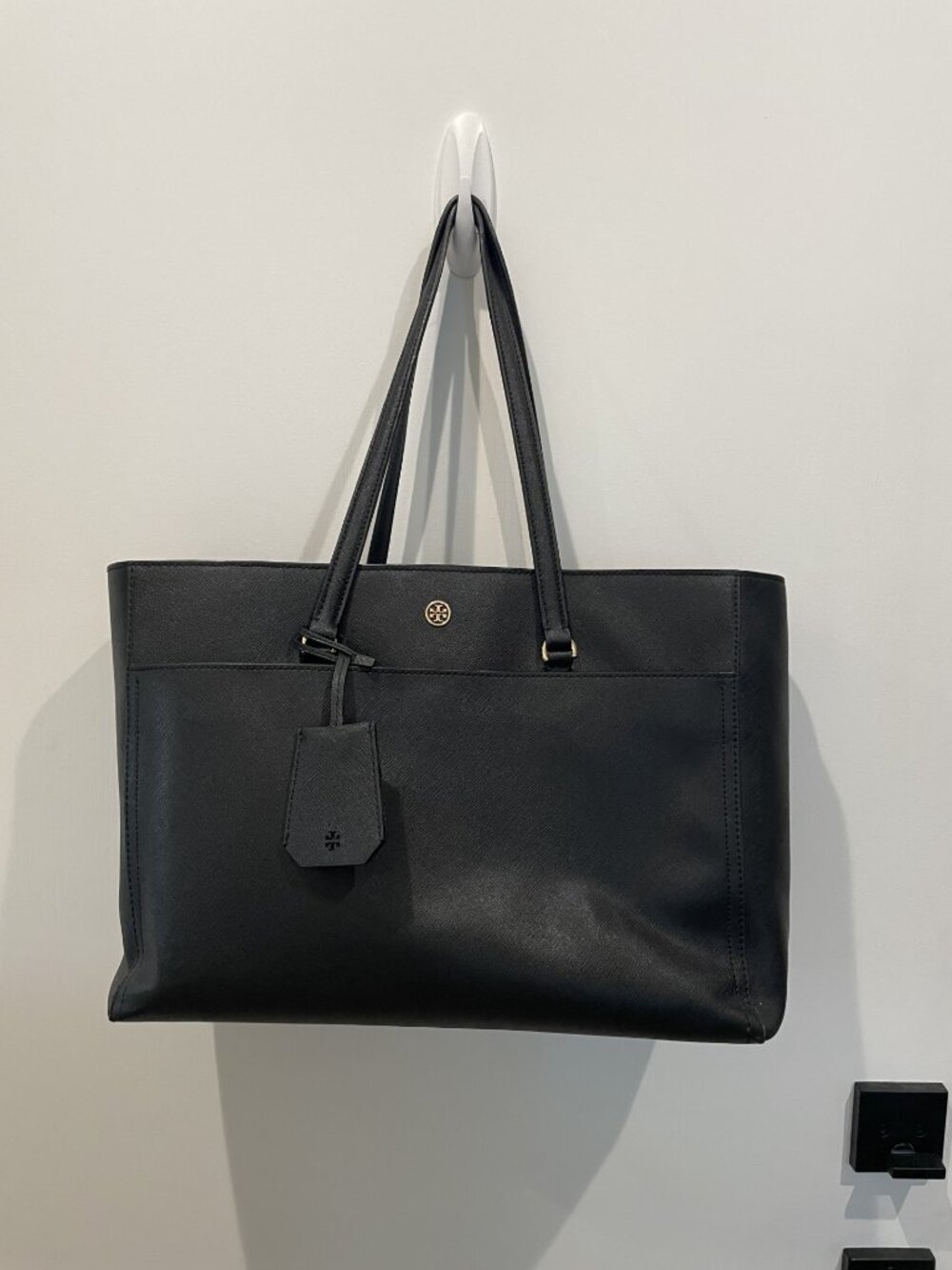 Tory Burch Pebbled Leather Large Black Tote Bag - 15" x 11" x 5"
